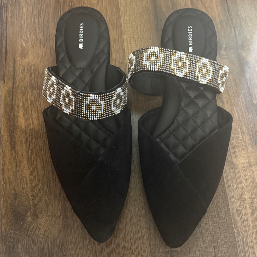 Birdies Black and Gold Beaded Mules